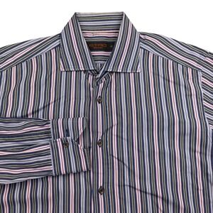 ETRO Shirt Mens 42 Blue Long Sleeve Button Up Point Collar Striped Italy Large